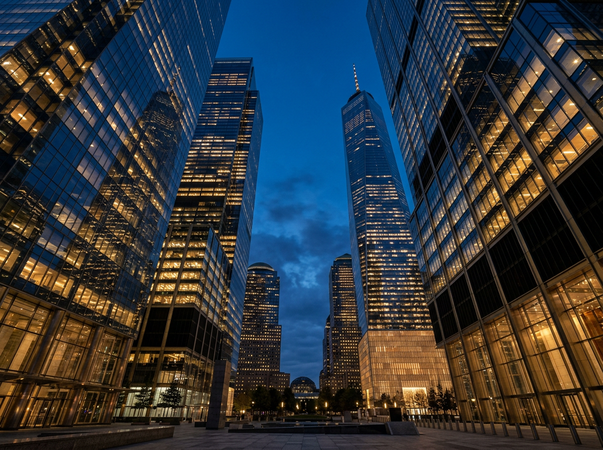 Financial district skyline at dusk representing access to public markets